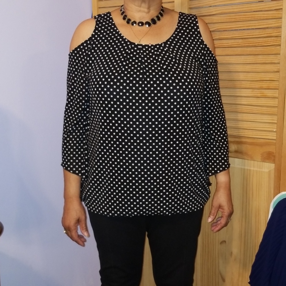 Polka dot cold shoulder blouse
